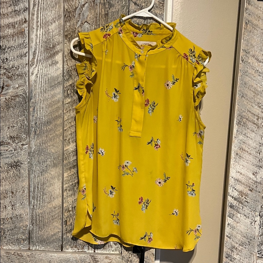 Loft Sleeveless Yellow Floral Ruffle Top